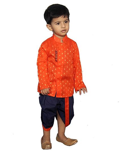 Mittenbooty Full Sleeves Dots Design Kurta & Dhoti Set - Orange & Navy Blue