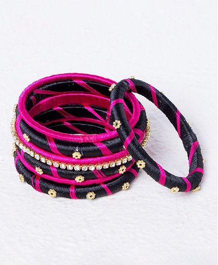 Kidcetra Set Of 7 Silk Bangles With Stonework - Black & Pink