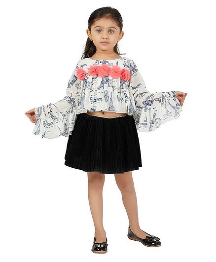 PinkCow Full Sleeves Eiffel Tower Printed Flower Detailing Top - White