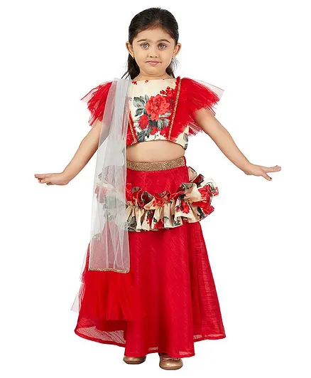 PinkCow Half Sleeves Floral Print Ruffle Choli With Lehenga & Dupatta Set - Red
