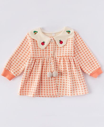 Kookie Kids Full Sleeves Checked Frock - Orange