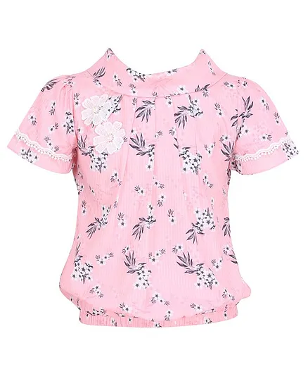 Cutecumber Half Sleeves Flower Print Top - Pink