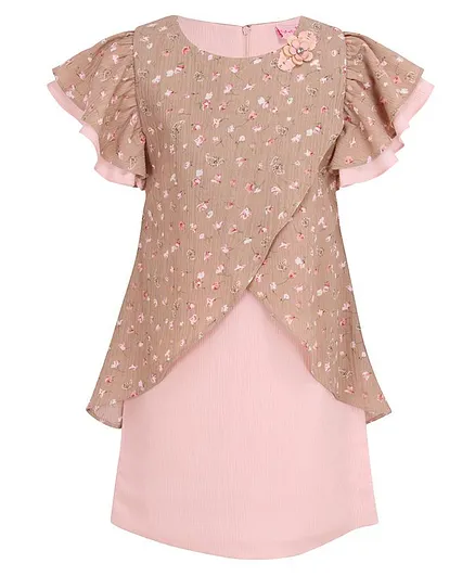 Cutecumber Short Sleeves Flower Print Dress - Brown