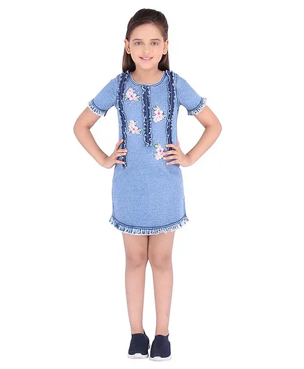 Cutecumber Half Sleeves Flower Embroidery Work Dress - Blue