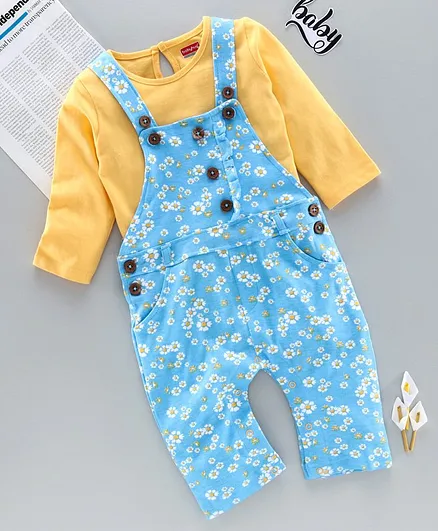 Babyhug Full Length Dungaree With Inner T-Shirt Floral Print - Yellow Pink