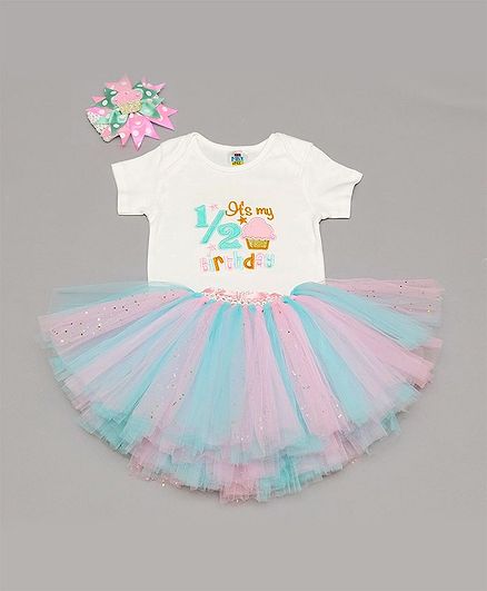 TINY MINY MEE Half Sleeves Its My Birthday Embroidered Onesie With Skirt & Headband- White