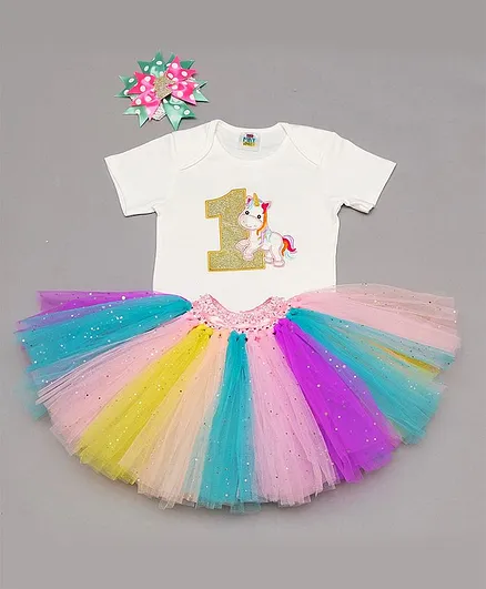TINY MINY MEE Half Sleeves Unicorn Patch Onesie With Skirt & Headband - Multi Color