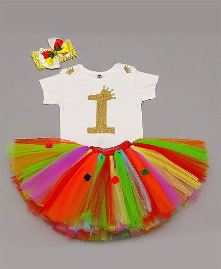 TINY MINY MEE Half Sleeves Golden Crown Patch Onesie With Skirt & Headband - Multi Color