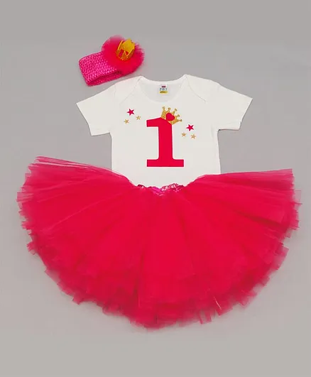 TINY MINY MEE Half Sleeves Crown Patch Onesie With Skirt & Headband - White & Pink