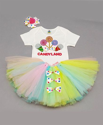 TINY MINY MEE Half Sleeves Candyland Patch Onesie With Skirt & Headband - White