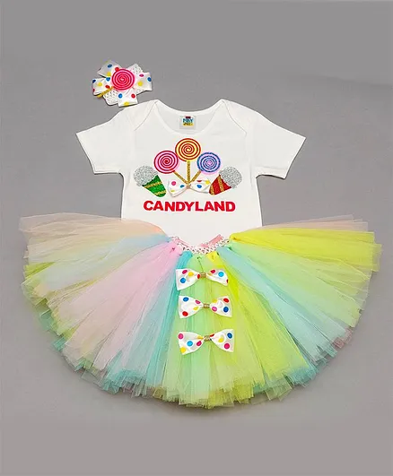 TINY MINY MEE Half Sleeves Candyland Patch Onesie With Skirt & Headband - White