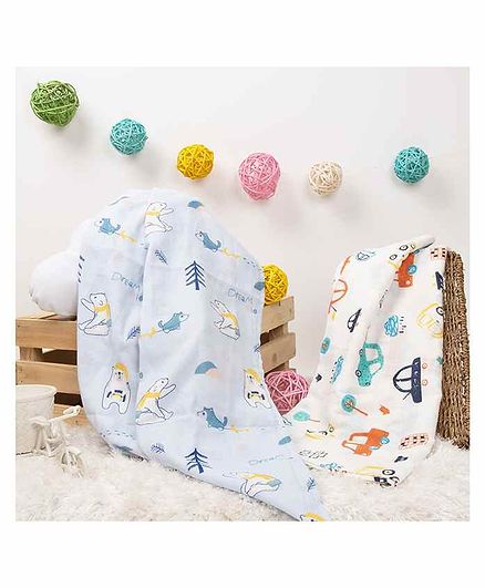 Kicks & Crawl Cotton Swaddles Cars & Bear Print Pack of 2 - White Blue