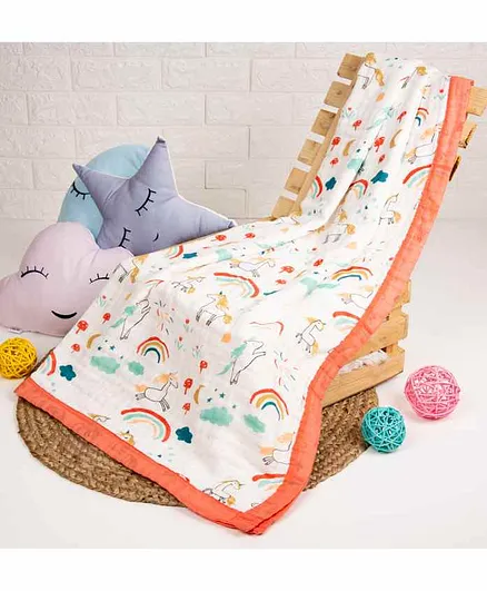 Kicks & Crawl Quilted Muslin Blanket Unicorns & Dreams Print - Orange