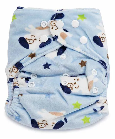 Kicks and Crawl Reusable Velvet Cloth Diaper with Insert Puppy Print - Blue
