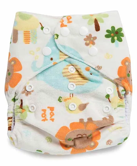 Kicks and Crawl Reusable Velvet Cloth Diaper with Insert Elephant Print - White