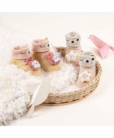 Kicks & Crawl Sock Shoes Kitty & Star Design Pack of 2 - Pink Yellow