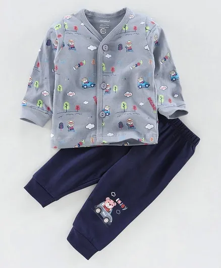 Cucumber Full Sleeves Nightwear Suit Teddy Print - Grey