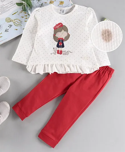 ToffyHouse Full Sleeves T-Shirt and Lounge Pant Set Polka Dot Print - Pink