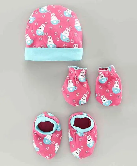 Babyhug 100% Cotton Cap Mitten & Booties Set Bunny Print Pink - Diameter 9 cm