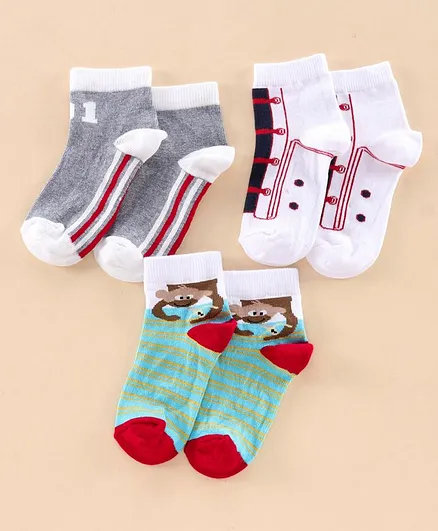 Mustang Ankle Length Socks Pack of 3 - Grey White Green