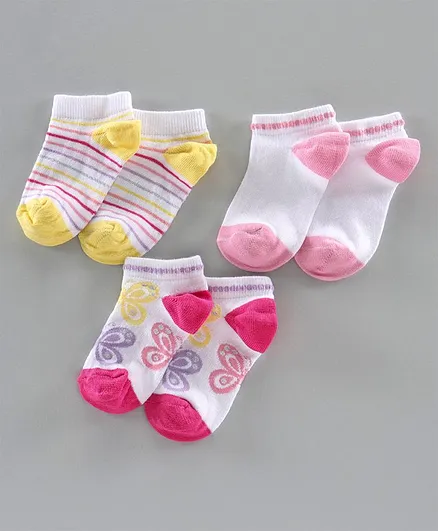 Mustang Ankle Length Socks Butterfly Design Pack of 3 - White Pink