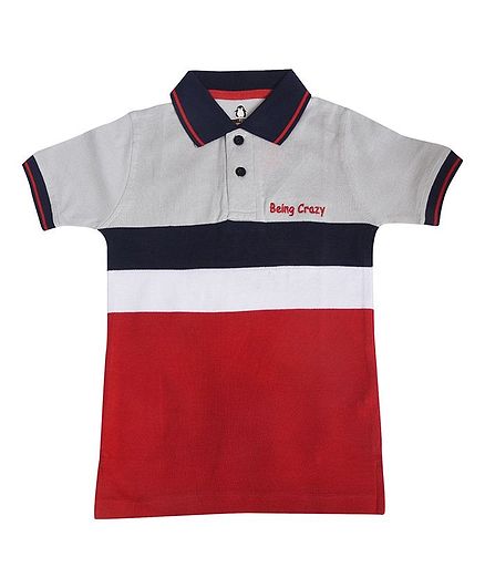 Crazy Penguin Color Block Half Sleeves Polo Neck Tee - Grey