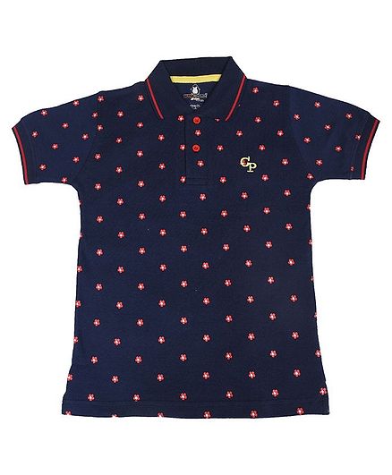Crazy Penguin Flower Print Half Sleeves Polo Neck Tee - Navy