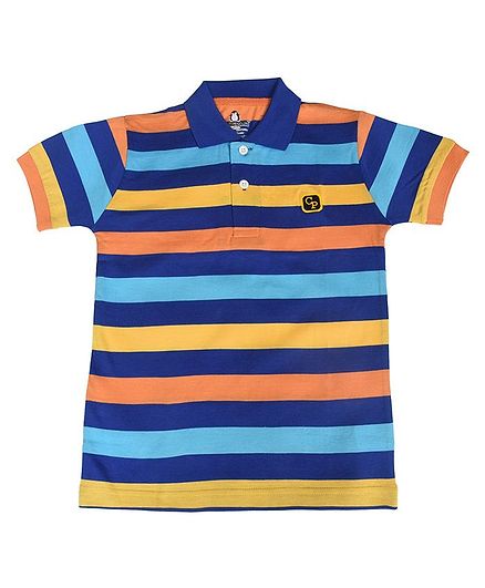 Crazy Penguin Striped Half Sleeves Polo Neck Tee - Multi