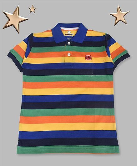 Crazy Penguin Striped Half Sleeves Polo Neck Tee - Multi