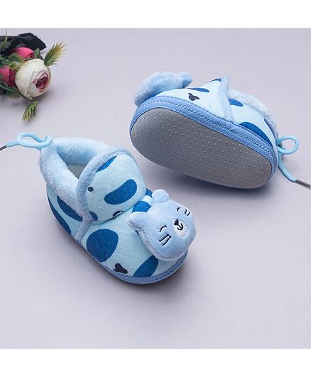 IndiUrbane Cat Face Applique Textured Soft Slip On Booties - Blue