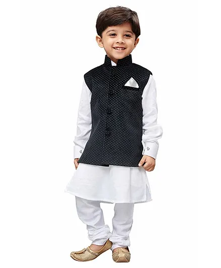 JBN Creation Full Sleeves Kurta With Dots Printed Jacket & Pajama Set - White & Black