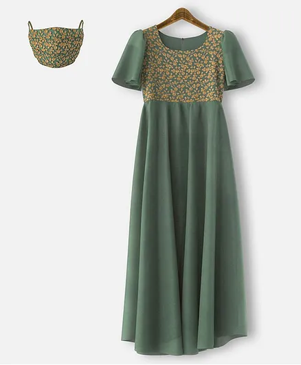 HEYKIDOO Half Sleeves Flower Embroidered Net Yolk Gown & Matching Mask - Green