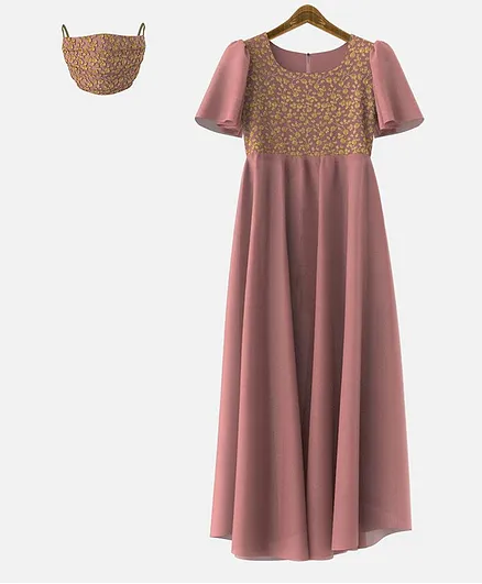 HEYKIDOO Half Sleeves Flower Embroidered Net Yolk Gown & Matching Mask - Dusty Pink