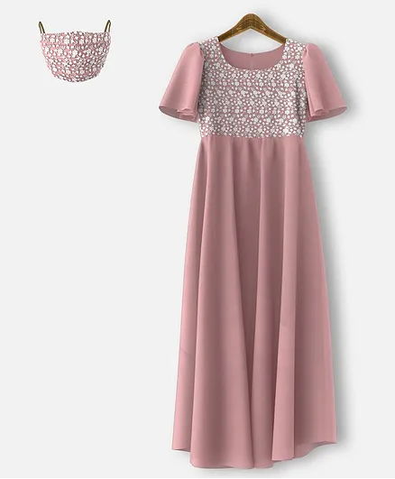 HEYKIDOO Half Sleeves Flower Embroidered Net Yolk Gown & Matching Mask - Light Pink