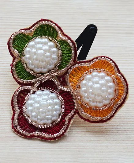 Pretty Ponytails Ethnic Flower Hair Clip with Pearls - Multicolour
