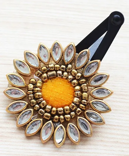 Pretty Ponytails Ethnic Mandala Inspired Kundan Hair Clip - Gold &Yellow