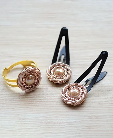 Pretty Ponytails Small Ethnic Zardozi Pearl Hand Embroidered Finger Ring and Hair Clip Accessory Gift Set - Gold