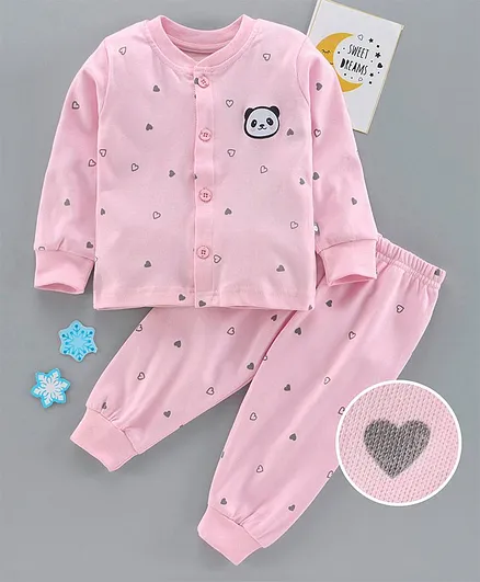 Tinyo Full Sleeves Night Suit Heart Print - Pink