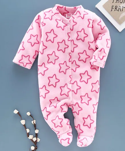 Babyhug Full Sleeves Velour Sleepsuit Star Print - Pink