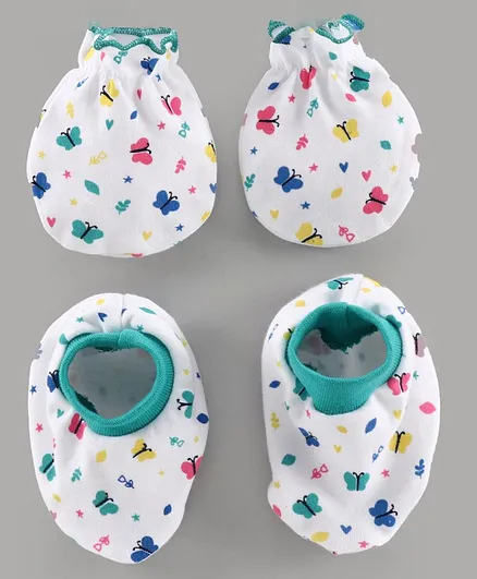 Babyhug 100% Cotton Mittens & Booties Set Floral Print - White Green