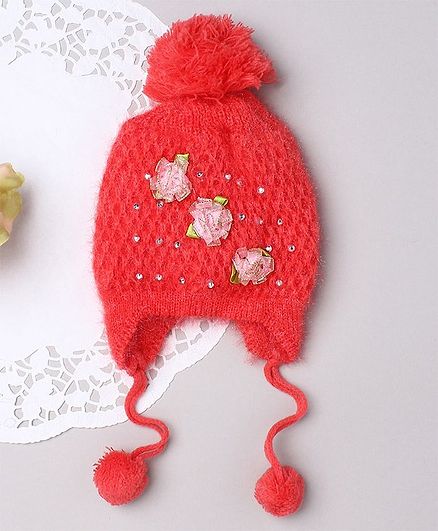 TMW Kids Honeycomb Knit Shimmer Woolen Pom Pom Cap With Satin Flower - Peach