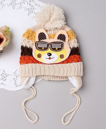 TMW Kids Striped Pattern Teddy Design Cap - Beige