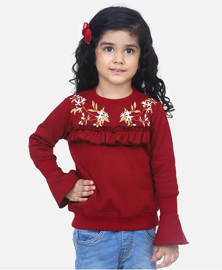 Lilpicks Couture Full Sleeves Flower Design Yoke Ruffled Top - Maroon