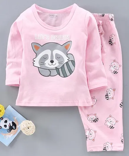 Doreme Full Sleeves Night Suit Koala Print - Light Pink