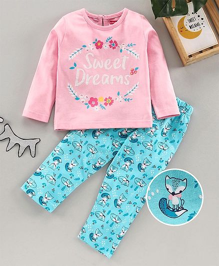 Babyhug Full Sleeves Night Suit Animal Print - Pink Blue
