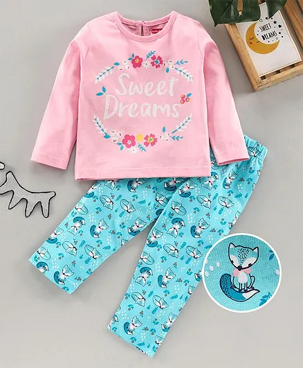 Babyhug Full Sleeves Night Suit Animal Print - Pink Blue