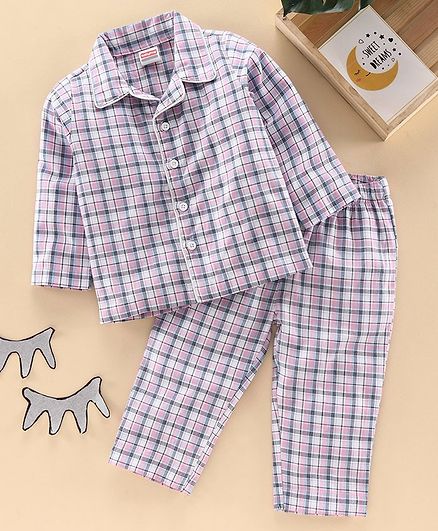 Babyhug Full Sleeves Woven Checked Night Suit - Pink