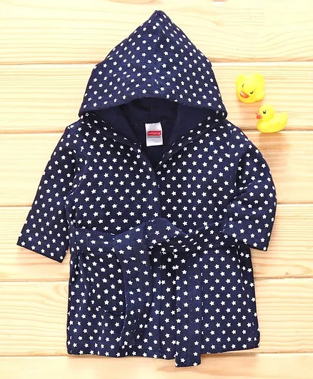 Babyhug Full Sleeves Hooded Bath Robe Star Print - Navy Blue