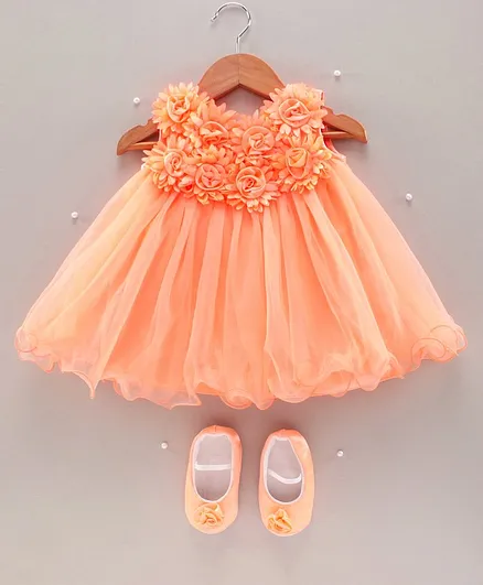 Bluebell Sleeveless Party Wear Frock With Booties Floral Embellishment - Peach