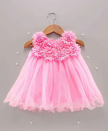 Bluebell Sleeveless Party Wear Frock Floral Embellishment - Pink